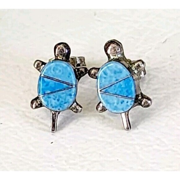 Zuni Turtle Earrings 925 Silver Natural Inlaid Gemstones Native American 2mm - Picture 1 of 7